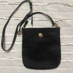 Tommy Hilfiger crossbody bag, black logo pattern, gold accents, adjustable strap